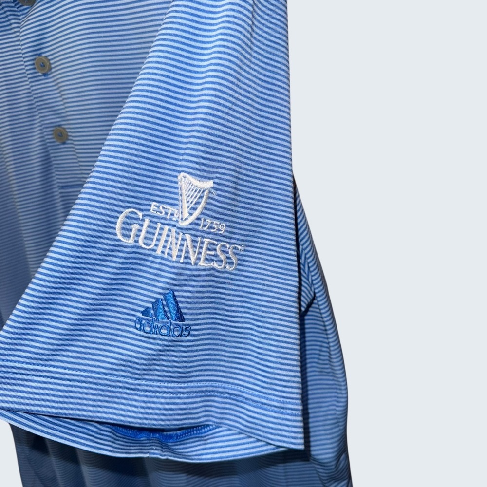 Adidas Climalite Mens Golf Polo Shirt Blue Striped Guinness Sleeve Logo Large